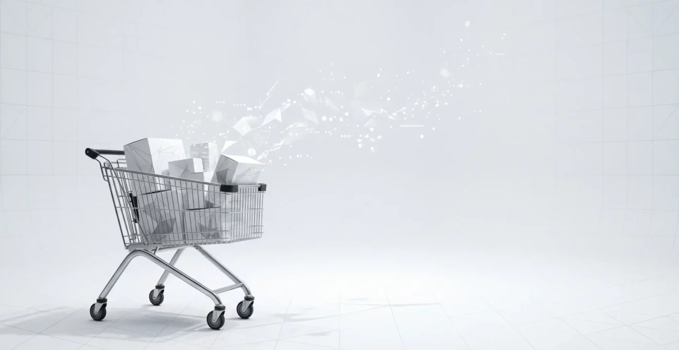 Vue en plongée d'un chariot de supermarché abandonné dans un environnement numérique moderne