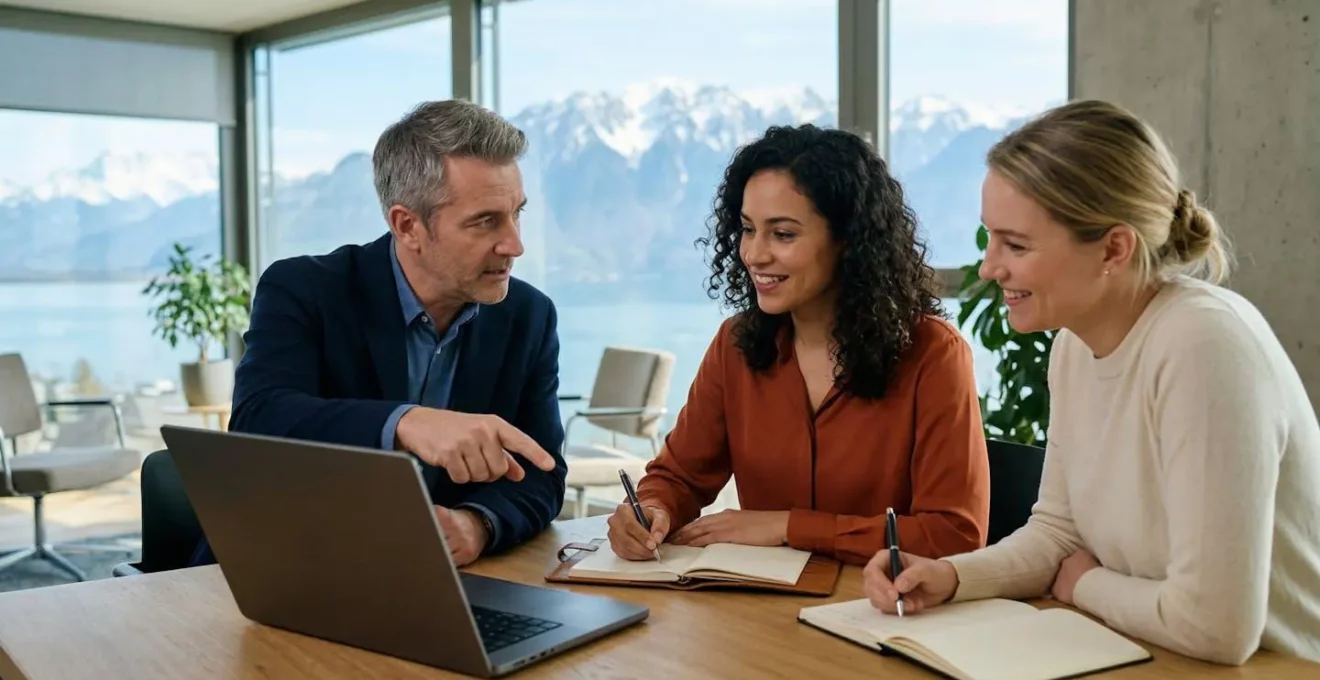 Réunion professionnelle dans un bureau moderne en Suisse romande pour la sélection d'une agence web