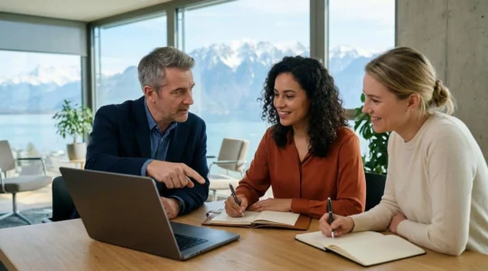 Réunion professionnelle dans un bureau moderne en Suisse romande pour la sélection d'une agence web