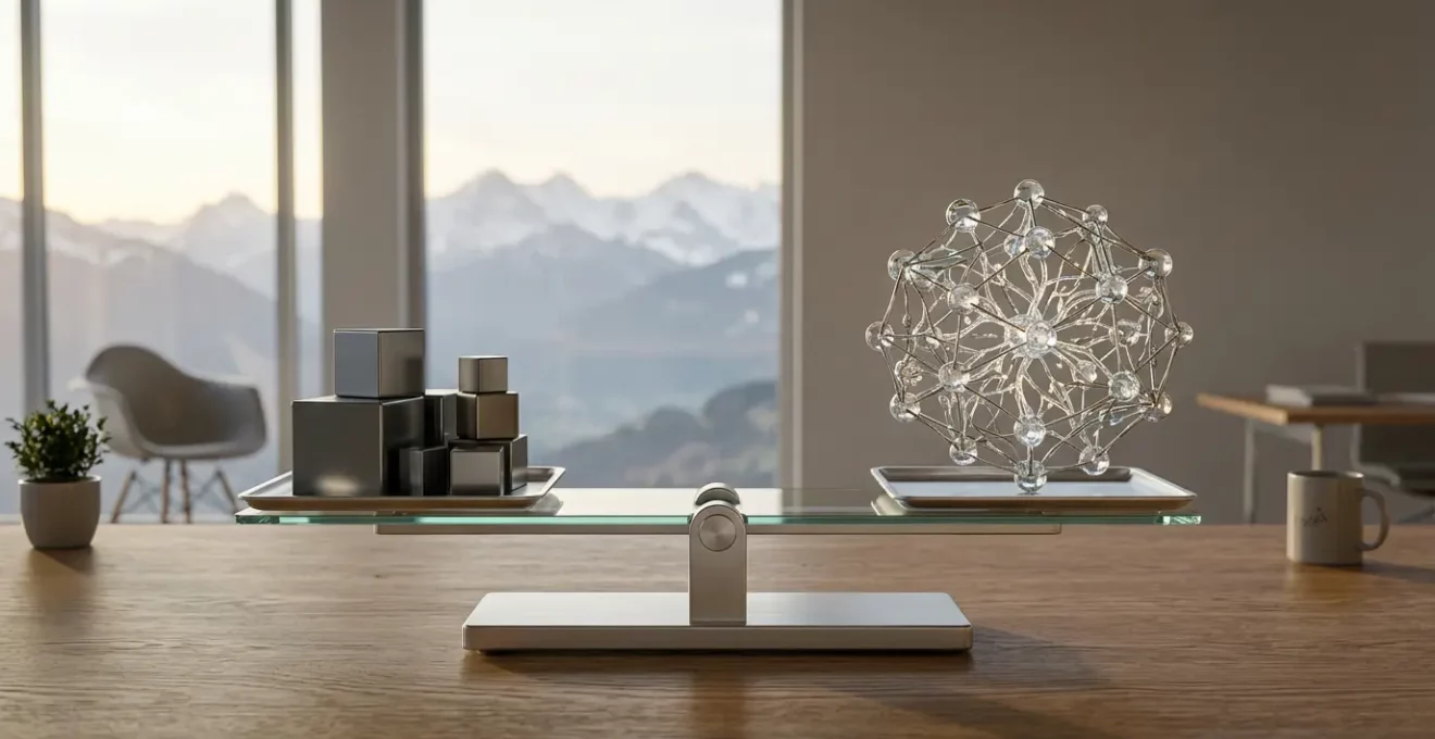 Balance équilibrée entre solutions propriétaires et open-source avec symboles technologiques suisses