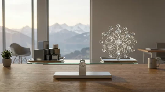 Balance équilibrée entre solutions propriétaires et open-source avec symboles technologiques suisses