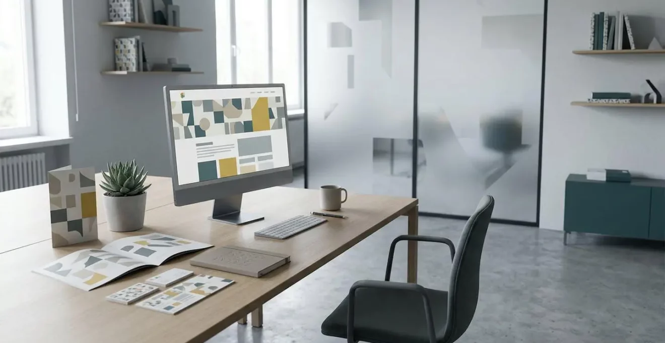 Bureau contemporain avec écrans numériques et supports imprimés harmonisés, baignés dans une lumière naturelle douce