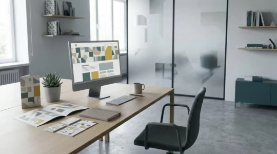 Bureau contemporain avec écrans numériques et supports imprimés harmonisés, baignés dans une lumière naturelle douce