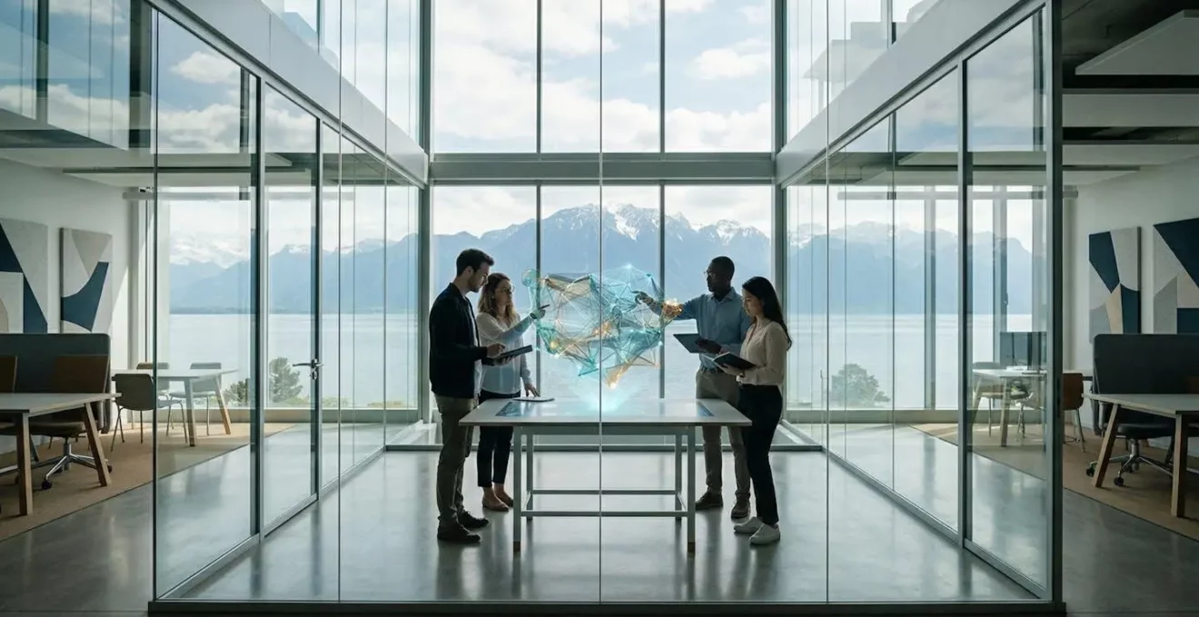 Vue panoramique de l'écosystème d'innovation romand avec entrepreneurs et chercheurs collaborant