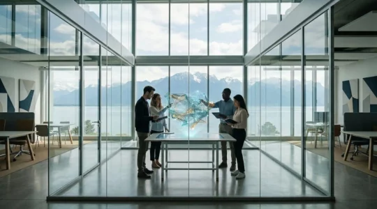 Vue panoramique de l'écosystème d'innovation romand avec entrepreneurs et chercheurs collaborant