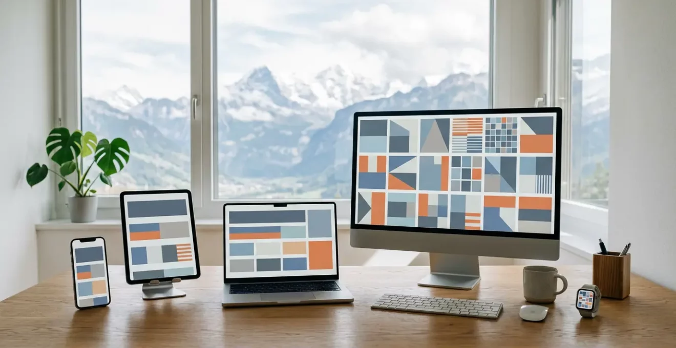 Vue panoramique d'un bureau moderne avec plusieurs dispositifs affichant le même site web adaptatif sur différentes tailles d'écran