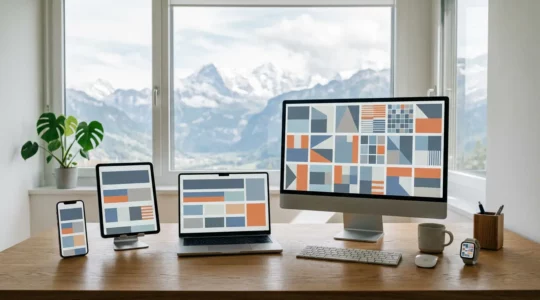 Vue panoramique d'un bureau moderne avec plusieurs dispositifs affichant le même site web adaptatif sur différentes tailles d'écran