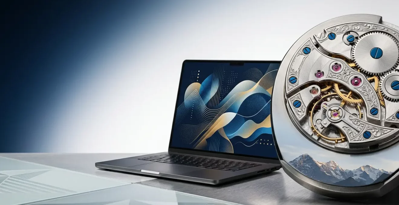 Montres suisses haut de gamme avec certification Swiss Made sur fond de paysage alpin minimaliste