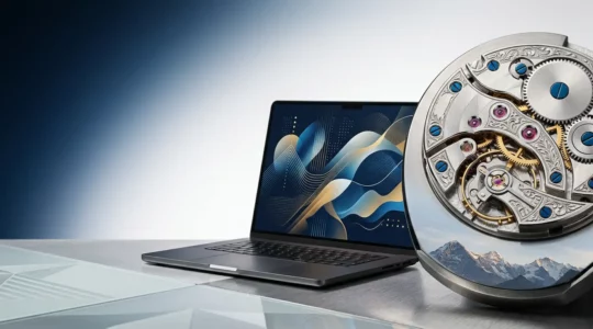 Montres suisses haut de gamme avec certification Swiss Made sur fond de paysage alpin minimaliste