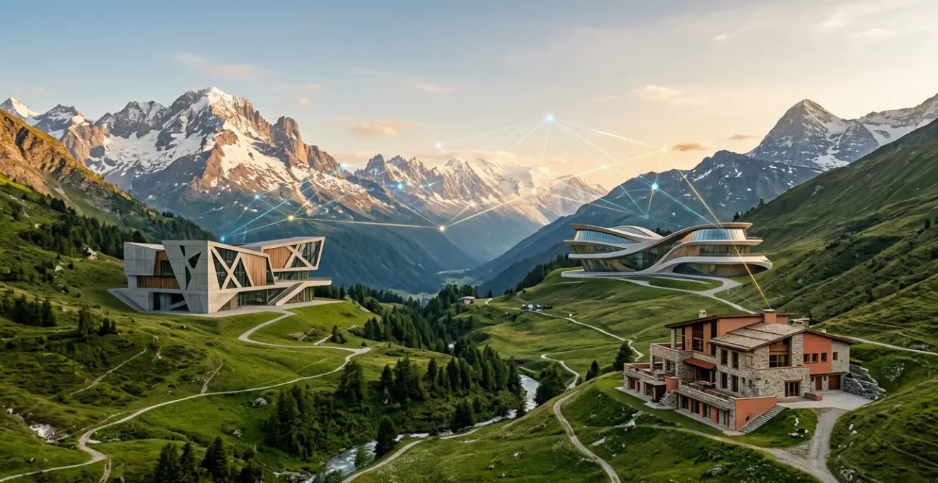 Vue panoramique du paysage numérique suisse avec symboles des trois régions linguistiques