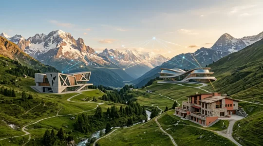Vue panoramique du paysage numérique suisse avec symboles des trois régions linguistiques