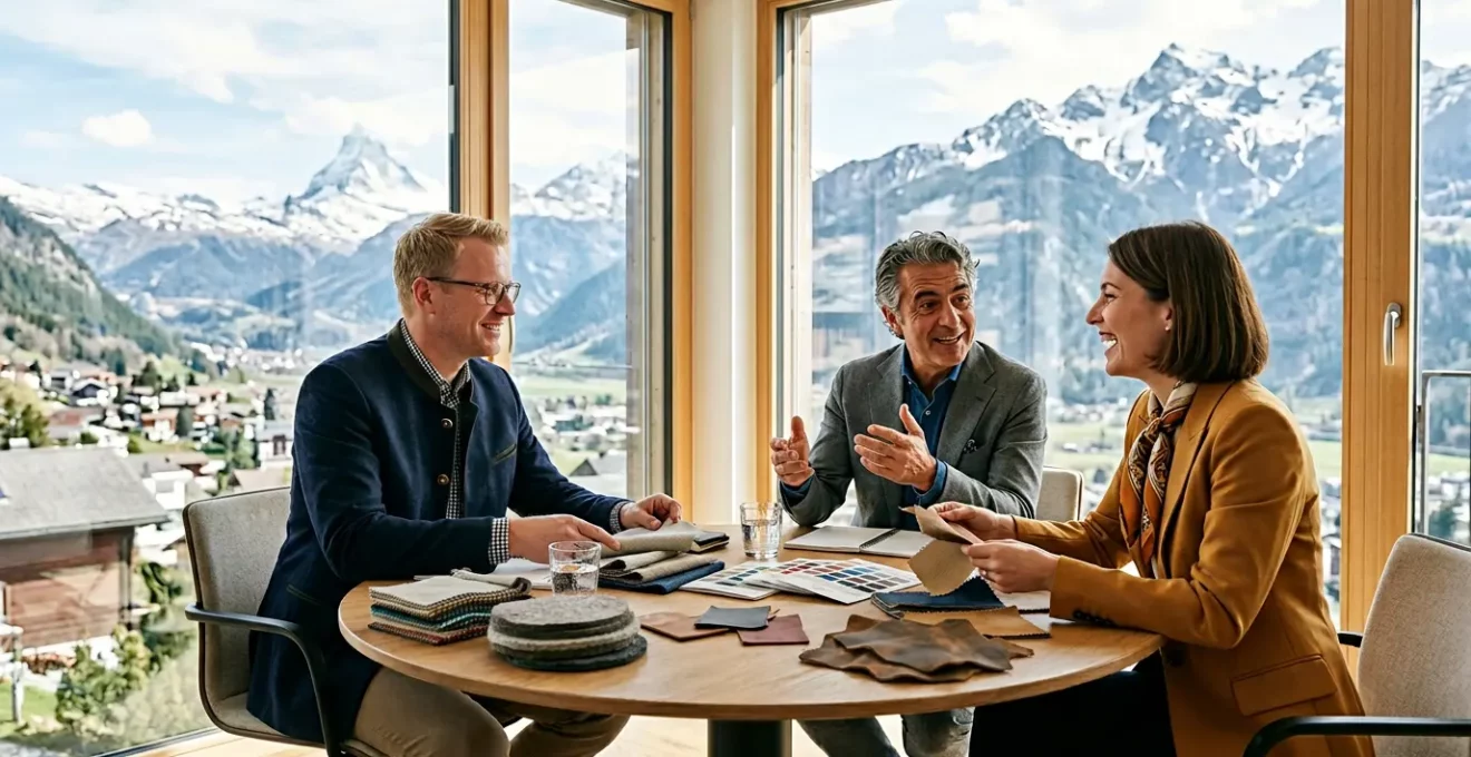 Personnes de différentes régions suisses collaborant autour d'une table avec vue sur les Alpes