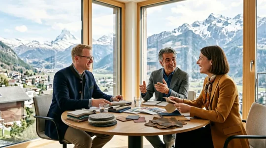 Personnes de différentes régions suisses collaborant autour d'une table avec vue sur les Alpes