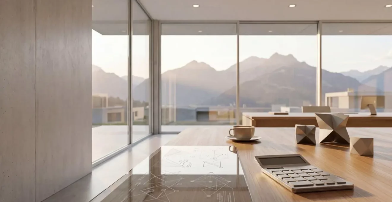 Vue d'un bureau moderne avec un écran affichant des graphiques de performance publicitaire et une vue sur les Alpes suisses en arrière-plan