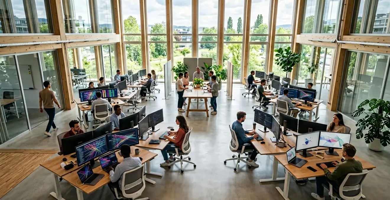 Vue aérienne d'un espace de travail moderne avec des développeurs collaborant sur une architecture numérique évolutive