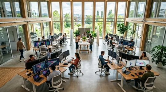 Vue aérienne d'un espace de travail moderne avec des développeurs collaborant sur une architecture numérique évolutive