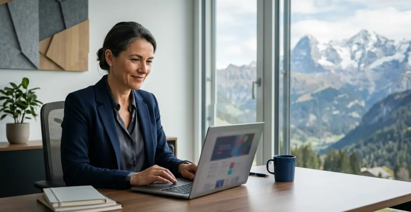 Entrepreneur suisse travaillant sur son site web dans un bureau moderne avec vue sur les Alpes