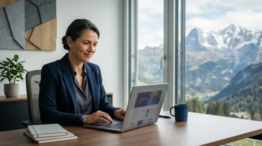 Entrepreneur suisse travaillant sur son site web dans un bureau moderne avec vue sur les Alpes