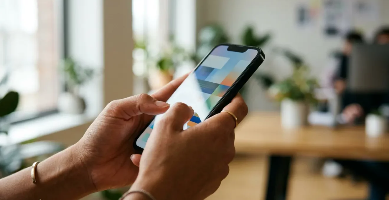 Design mobile-first montrant une personne utilisant son smartphone pour naviguer sur un site web avec une interface optimisée pour le pouce