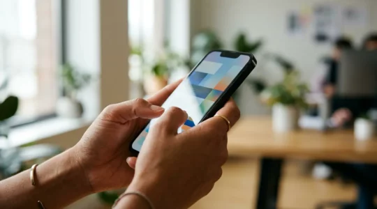 Design mobile-first montrant une personne utilisant son smartphone pour naviguer sur un site web avec une interface optimisée pour le pouce
