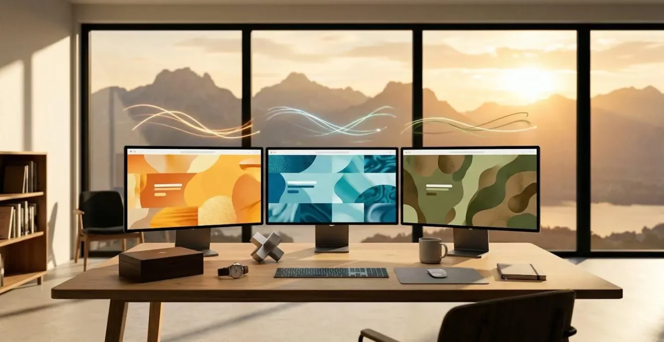 Environnement de travail moderne en Suisse avec trois écrans affichant des interfaces en différentes langues et une carte de la Suisse