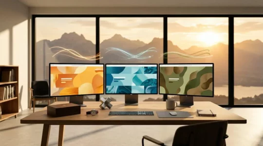 Environnement de travail moderne en Suisse avec trois écrans affichant des interfaces en différentes langues et une carte de la Suisse