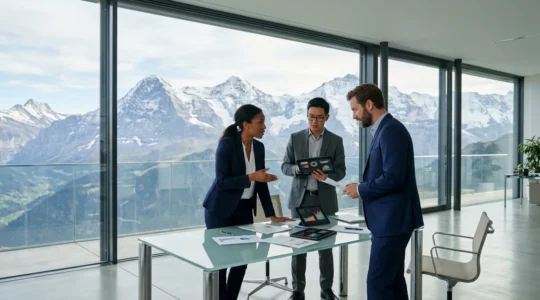 Réunion d'affaires dans un bureau moderne avec vue sur les Alpes suisses, professionnels analysant des graphiques de performance SEO