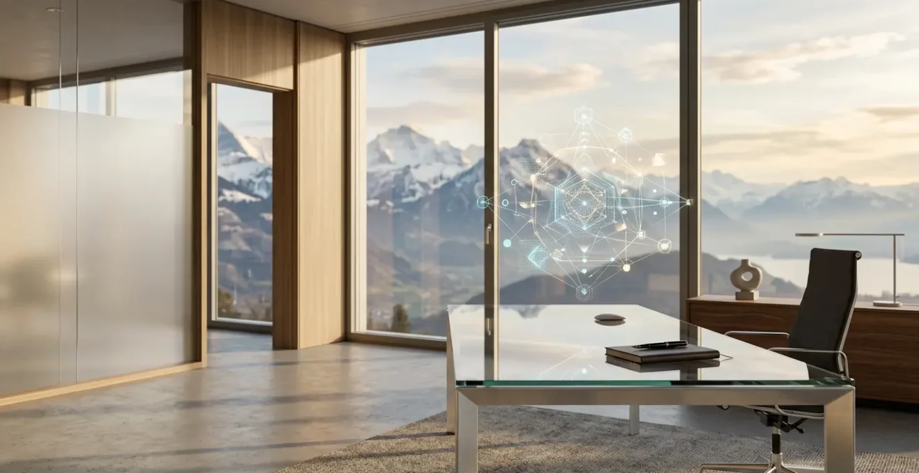 Bureau moderne suisse avec vue sur les Alpes montrant un écran d'analyse de données et des graphiques de ciblage publicitaire