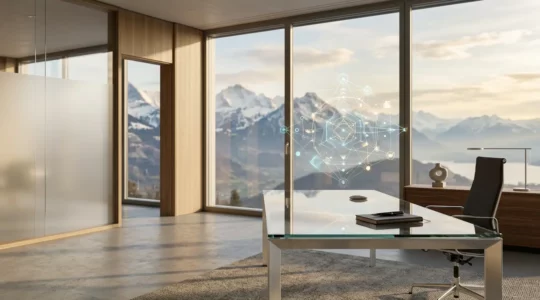 Bureau moderne suisse avec vue sur les Alpes montrant un écran d'analyse de données et des graphiques de ciblage publicitaire