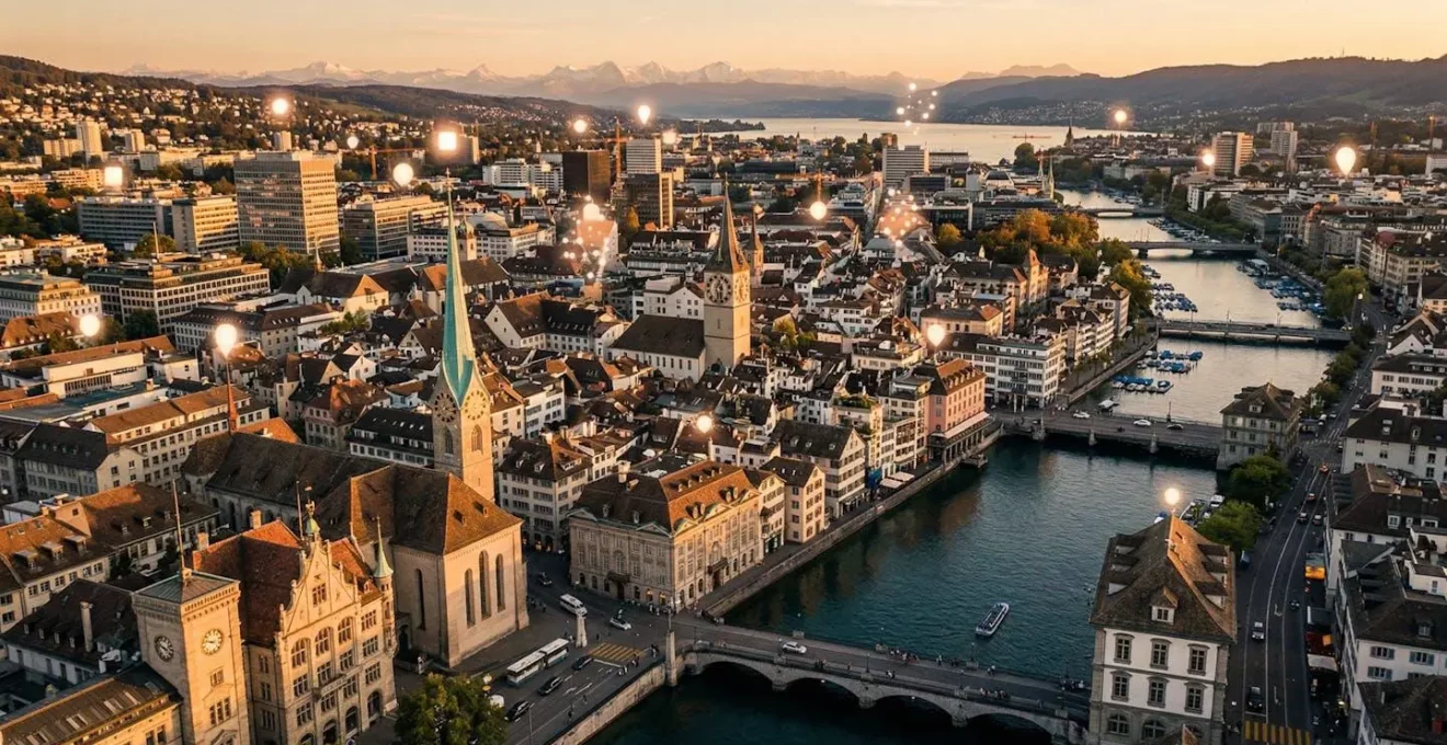 Vue aérienne d'une ville suisse avec épingles de géolocalisation illuminées représentant la stratégie de référencement local