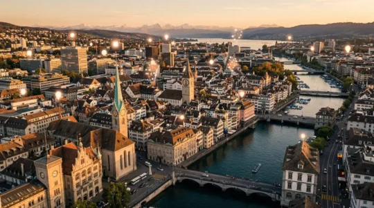 Vue aérienne d'une ville suisse avec épingles de géolocalisation illuminées représentant la stratégie de référencement local