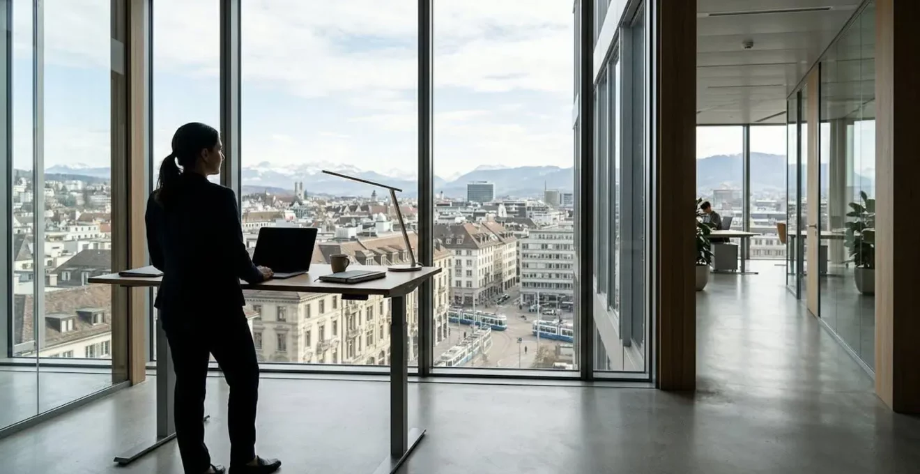 Dirigeant d'entreprise analysant des données de performance sur écran dans un bureau moderne à Zurich