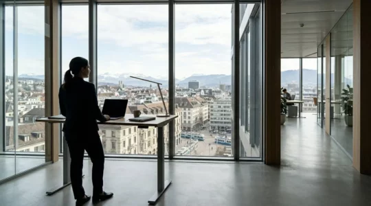 Dirigeant d'entreprise analysant des données de performance sur écran dans un bureau moderne à Zurich