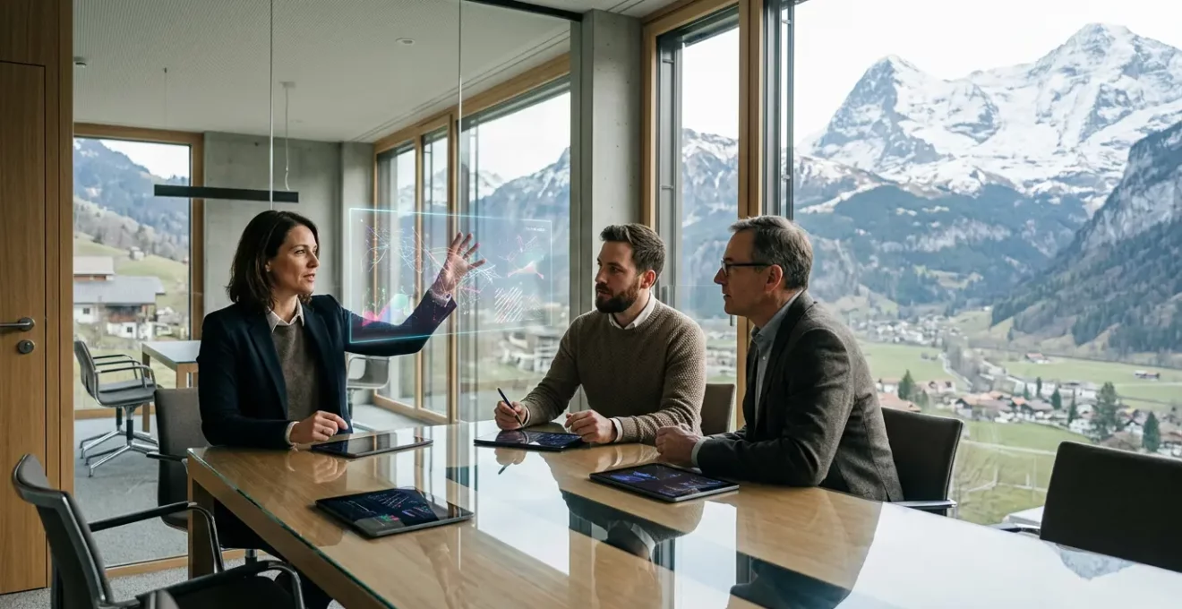 Vue moderne d'un espace de travail collaboratif en Suisse avec des professionnels analysant des données digitales