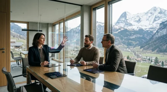 Vue moderne d'un espace de travail collaboratif en Suisse avec des professionnels analysant des données digitales