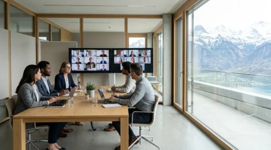Équipe commerciale suisse moderne en visioconférence hybride avec participants physiques et virtuels dans un bureau élégant