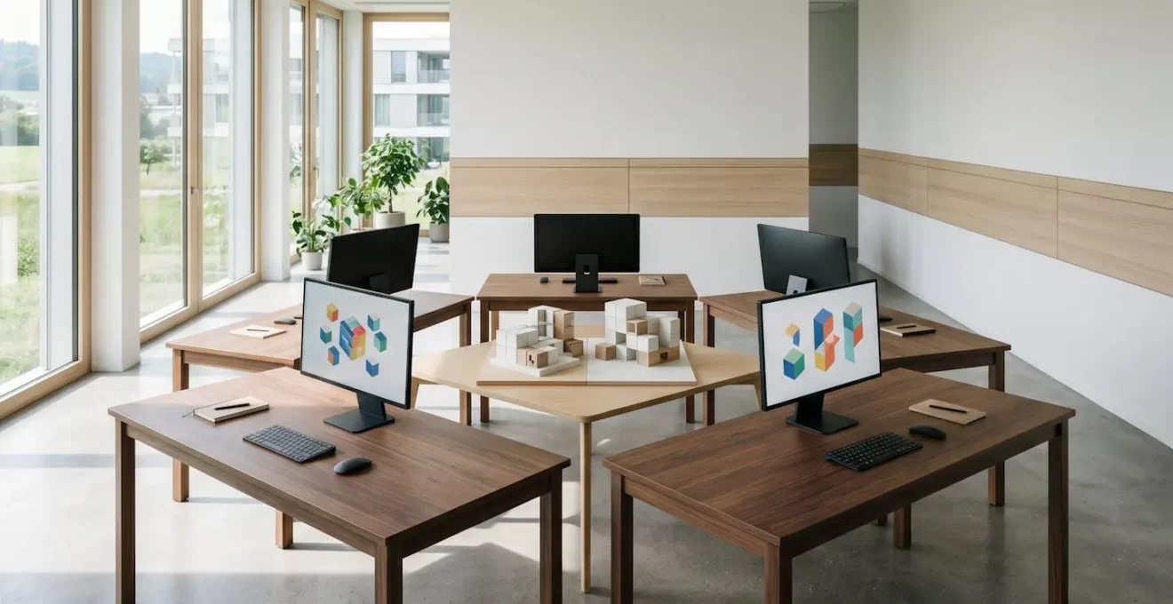 Espace de travail collaboratif minimaliste avec cinq postes de développement interconnectés