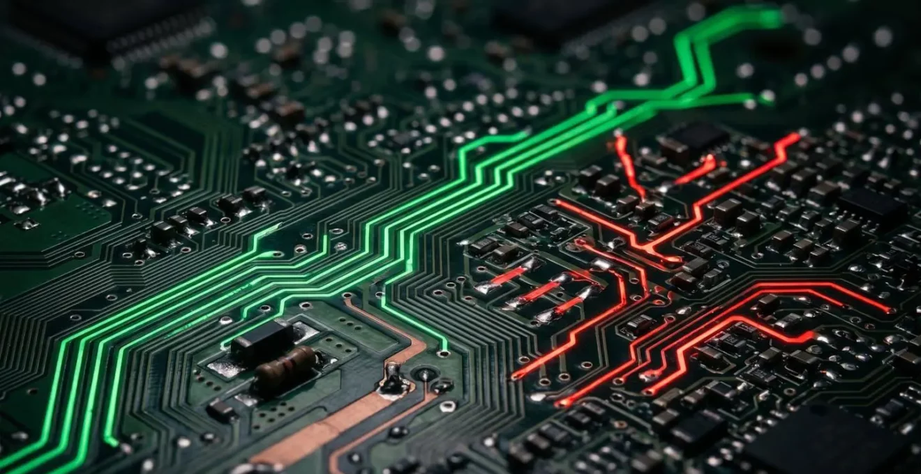 Vue macro d'un circuit imprimé avec zones illuminées en vert et rouge symbolisant le contenu sécurisé et non sécurisé
