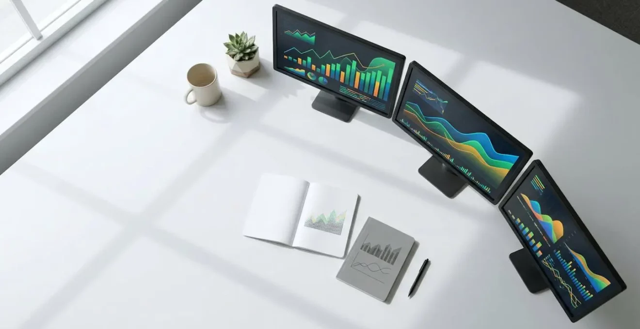 Vue en plongée d'un bureau moderne avec écrans montrant des graphiques de croissance et tableaux de conversion