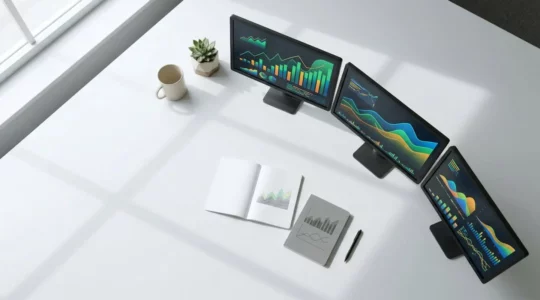 Vue en plongée d'un bureau moderne avec écrans montrant des graphiques de croissance et tableaux de conversion