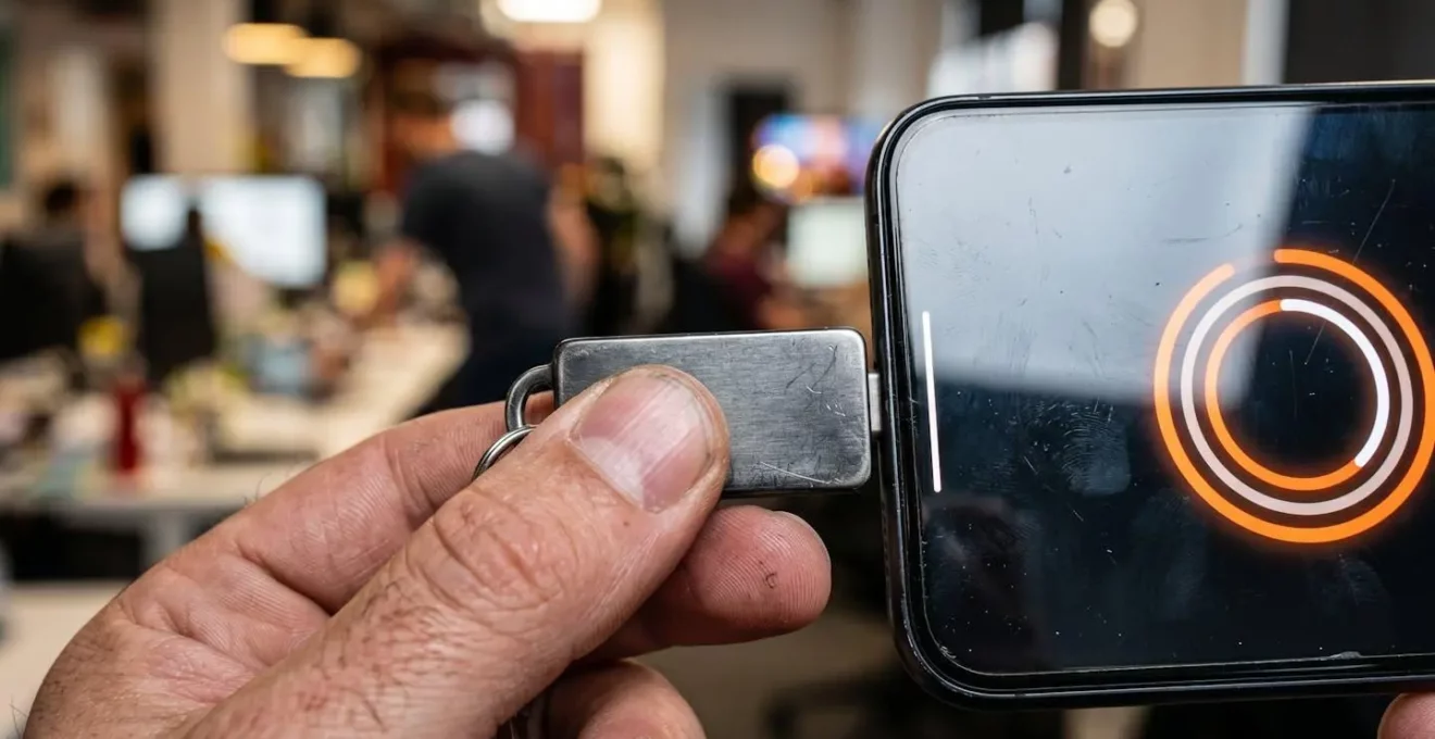 Main tenant une clé de sécurité YubiKey près d'un smartphone affichant un code temporaire