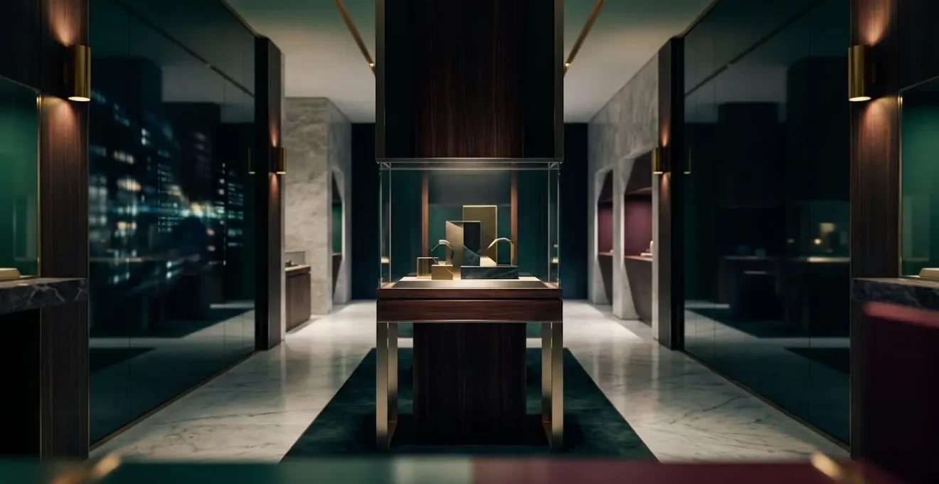 Intérieur élégant d'une boutique de luxe suisse avec éléments digitaux subtils intégrés