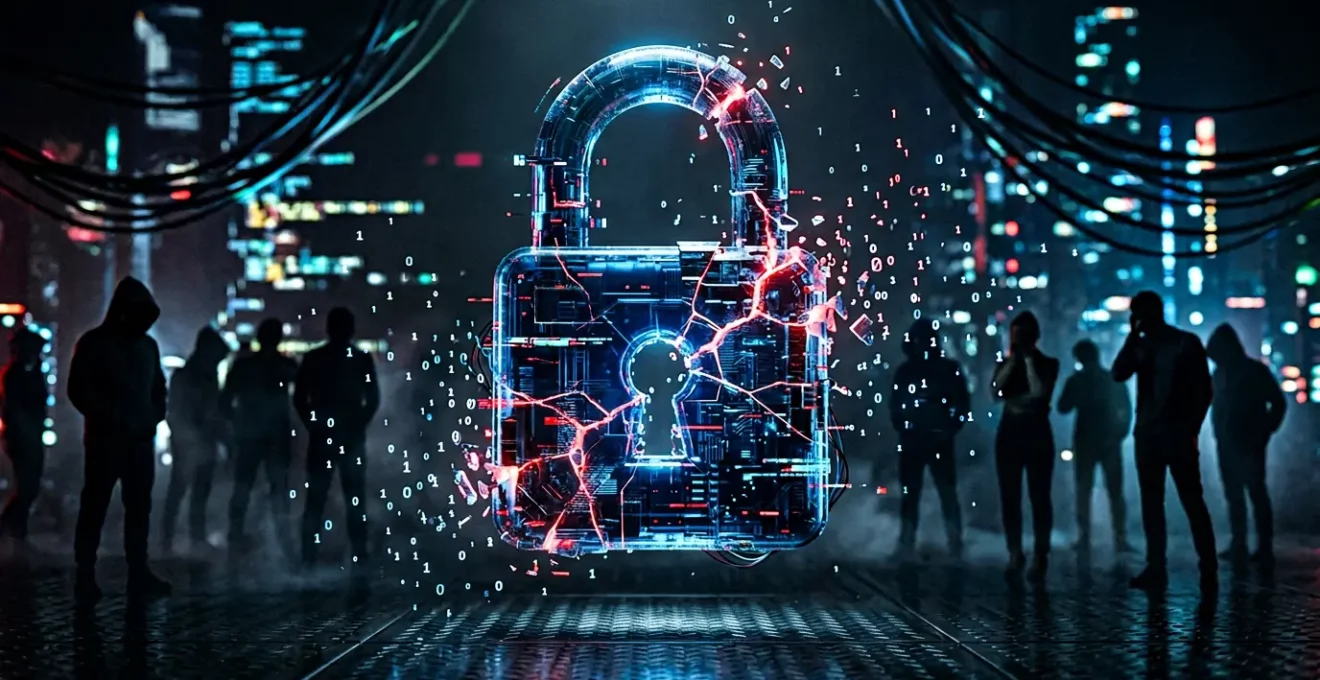 Symbole de cadenas digital fissuré entouré de codes binaires et de silhouettes d'utilisateurs inquiets