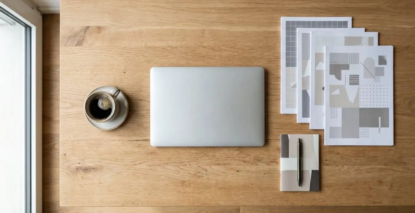 Bureau avec documents de travail et ordinateur portable pour la rédaction d'un cahier des charges