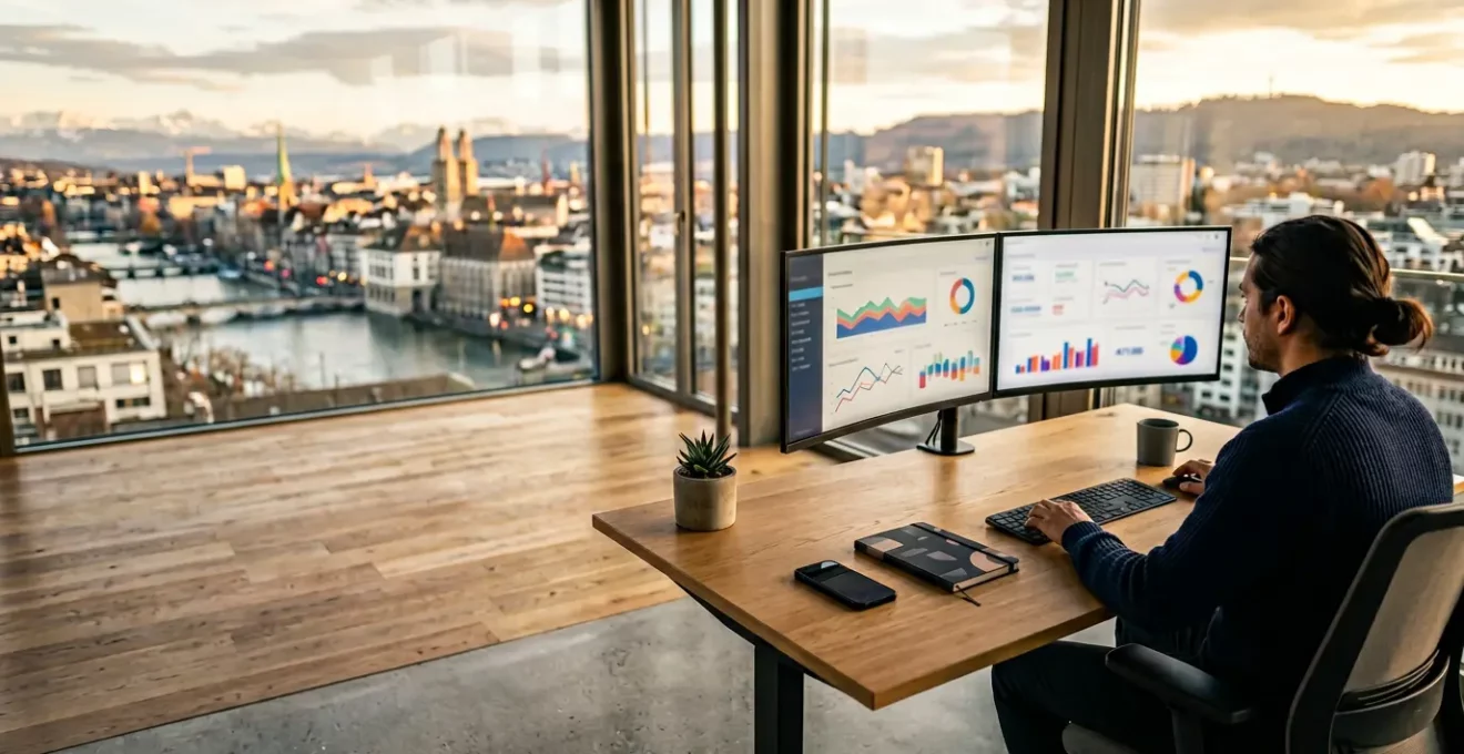 Vue grand angle d'un bureau moderne avec plusieurs écrans affichant des graphiques d'analyse marketing flous et un smartphone posé sur un bureau en bois