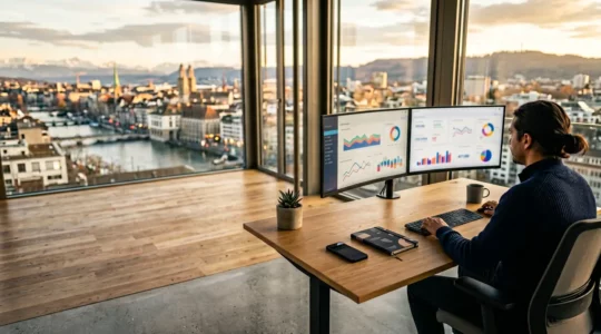 Vue grand angle d'un bureau moderne avec plusieurs écrans affichant des graphiques d'analyse marketing flous et un smartphone posé sur un bureau en bois