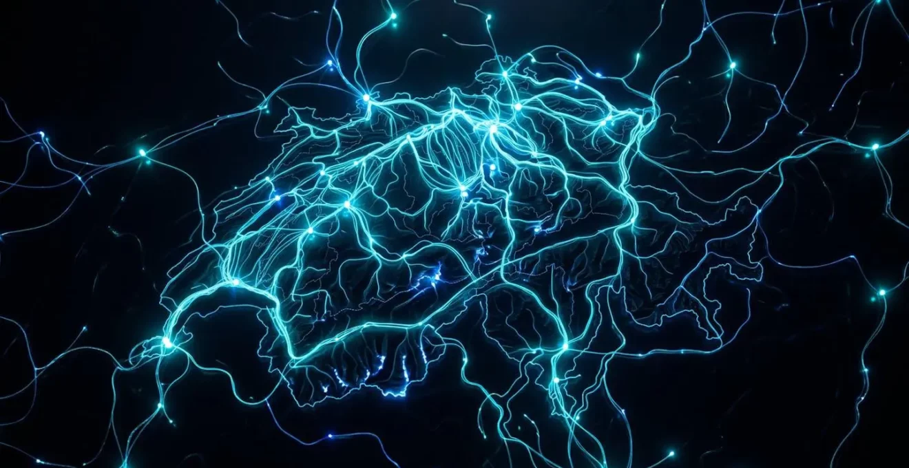 Vue aérienne d'un réseau de connexions lumineuses représentant les flux de données entre différents points en Suisse