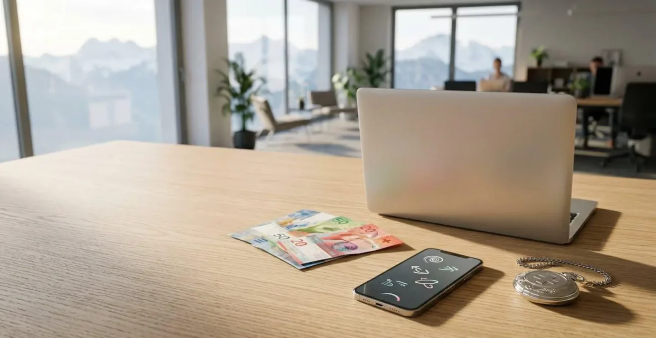 Vue aérienne d'un espace de travail moderne avec ordinateur portable montrant un tunnel d'achat, cartes bancaires suisses et symboles de paiement local