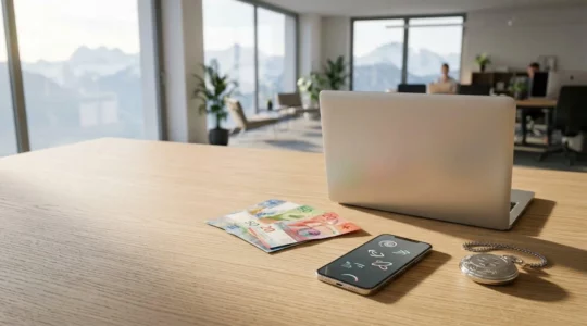 Vue aérienne d'un espace de travail moderne avec ordinateur portable montrant un tunnel d'achat, cartes bancaires suisses et symboles de paiement local