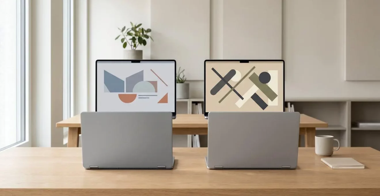 Comparaison visuelle entre deux interfaces d'édition web côte à côte dans un environnement de bureau épuré